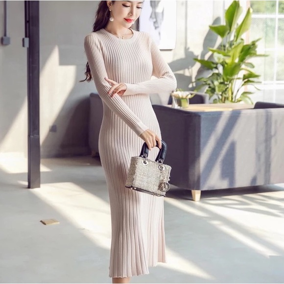 Knit dress beige long sleeve womens sweater cream rib knit dress - Picture 2 of 5